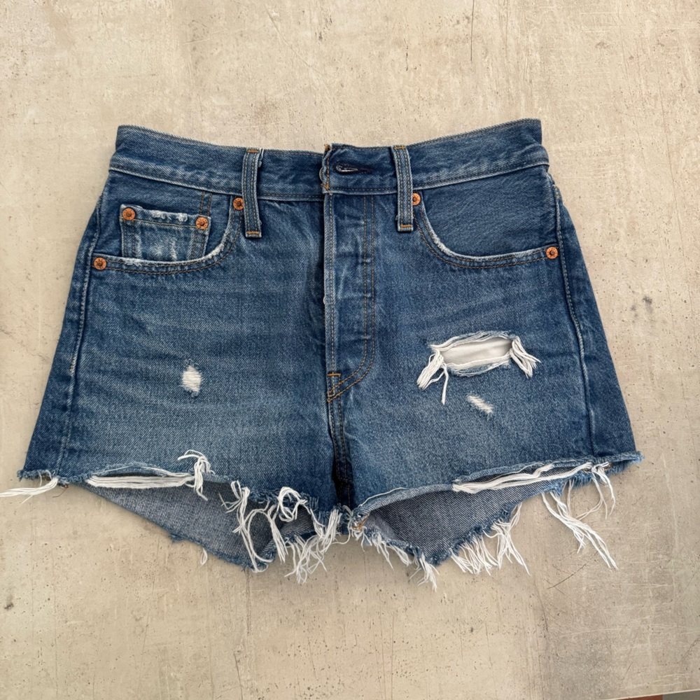 Levi's Blue Distressed Jean Shorts Frayed Hem